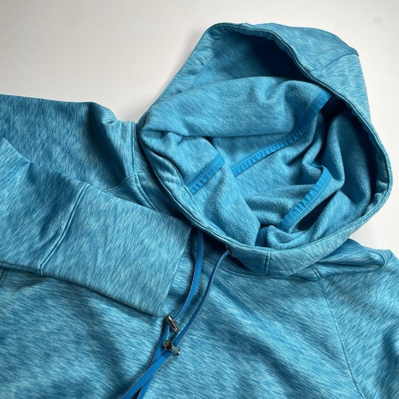 Athleta Lookout Techie Sweat Pullover Sweatshirt Hoodie Size L Blue Thumb‎ Holes - Picture 1 of 9